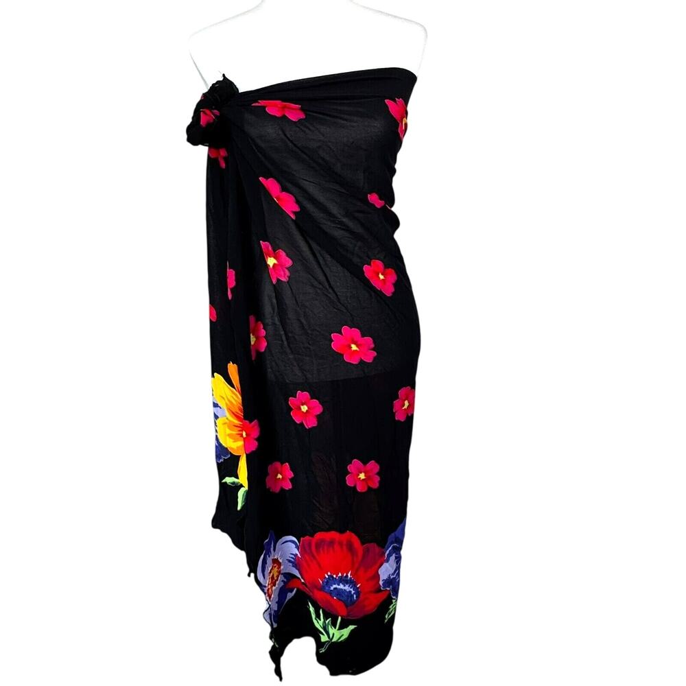 ILLUSIONS BY COLE Black Bright Multicolor Floral Beach Cover Square Scarf 50x50"